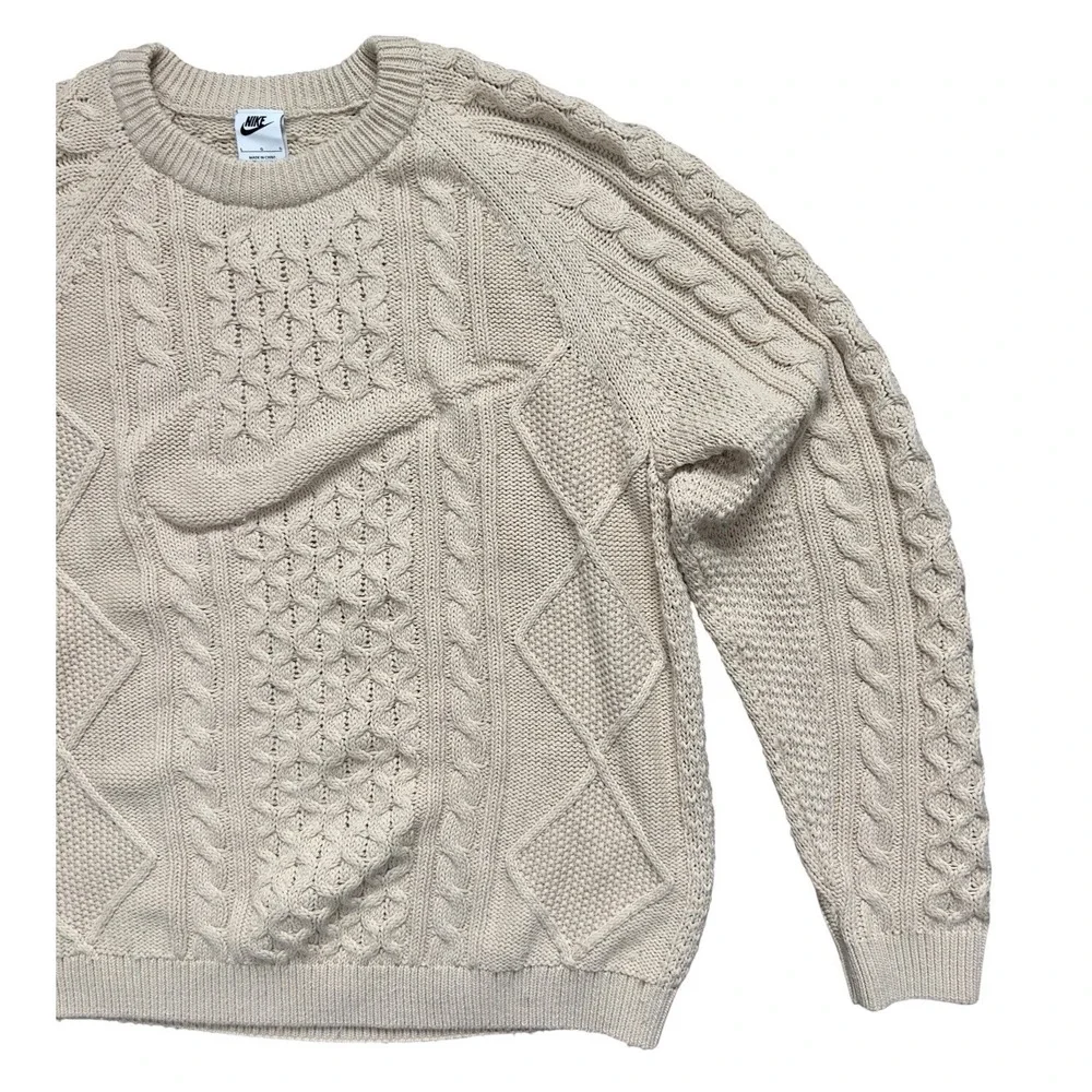 Nike Cable Knit Swoosh Sweater Men's L Beige Rattan Large Logo Polyester & Wool